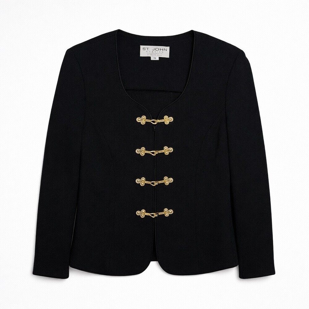 St. John Evening Santana Knit Suit Jacket Skirt Black Gold Frog Closure size 10 - Picture 5 of 14